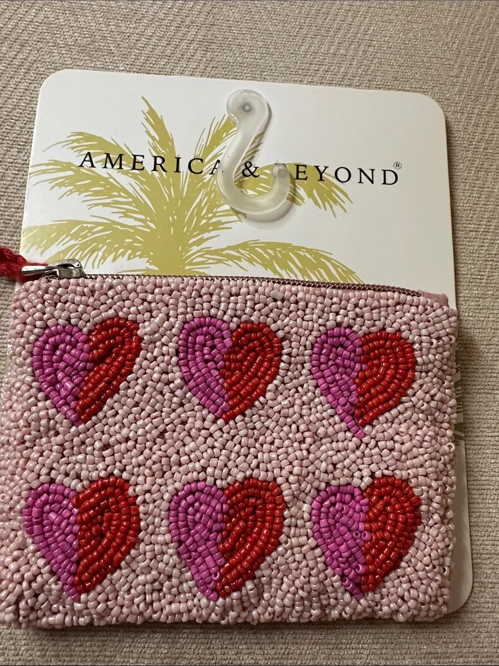 Pink Beaded Heart Zip Pouch